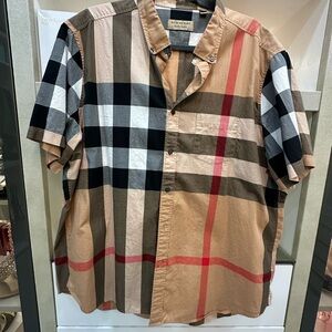 Burberry Tan Black White Red Check Short-Sleeve Button-Down Shirt